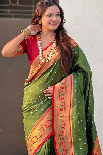 Olive woven design zari paithani saree with unstitched blouse piece