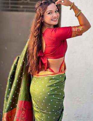 Olive woven design zari paithani saree with unstitched blouse piece 4