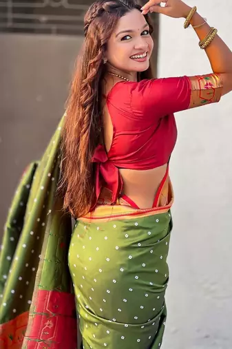 Olive woven design zari paithani saree with unstitched blouse piece