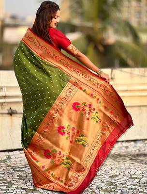 Olive woven design zari paithani saree with unstitched blouse piece 5