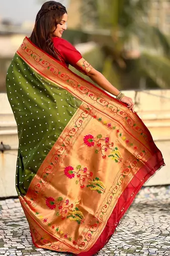 Olive woven design zari paithani saree with unstitched blouse piece