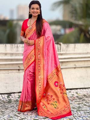 Pink woven design zari paithani saree with blouse piece 1