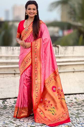 Pink woven design zari paithani saree with blouse piece