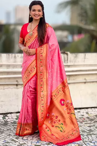 Pink woven design zari paithani saree with blouse piece