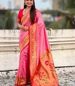 Pink woven design zari paithani saree with blouse piece