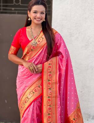 Pink woven design zari paithani saree with blouse piece 2