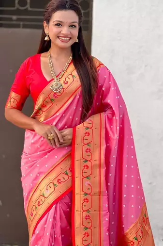 Pink woven design zari paithani saree with blouse piece