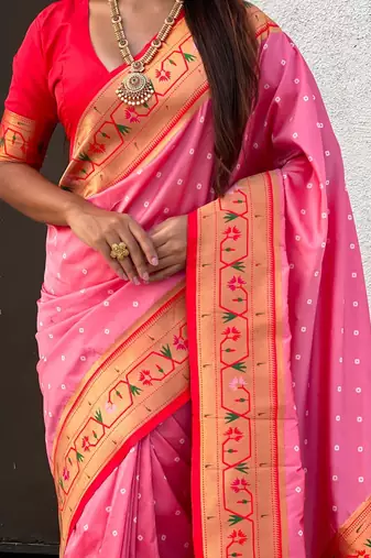 Pink woven design zari paithani saree with blouse piece