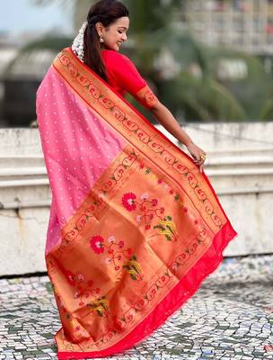 Pink woven design zari paithani saree with blouse piece 4