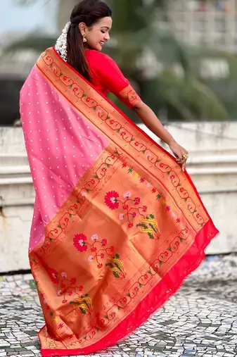 Pink woven design zari paithani saree with blouse piece