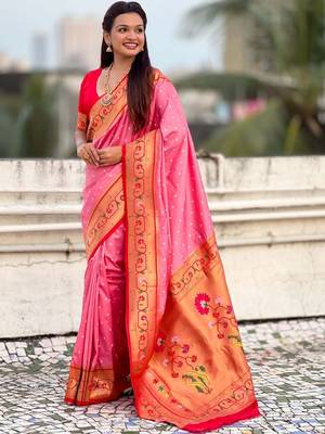 Pink woven design zari paithani saree with blouse piece 5