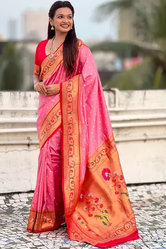 Pink woven design zari paithani saree with blouse piece