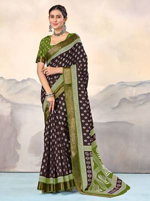 Brown ethnic motifs printed  cotton saree with blouse 1