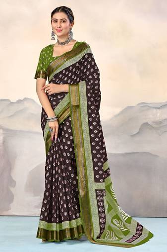 Brown ethnic motifs printed  cotton saree with blouse