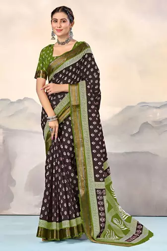 Brown ethnic motifs printed  cotton saree with blouse