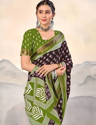 Brown ethnic motifs printed  cotton saree with blouse 2