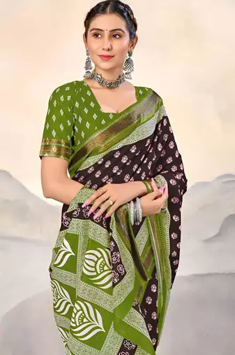 Brown ethnic motifs printed  cotton saree with blouse