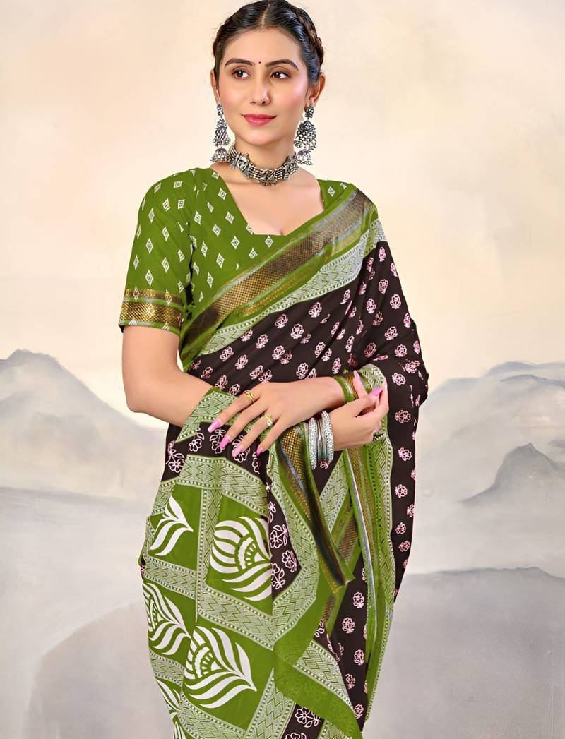 Brown ethnic motifs printed  cotton saree with blouse