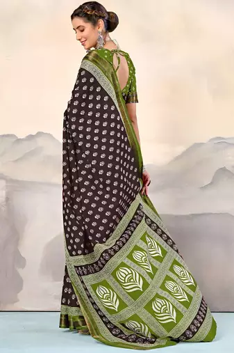 Brown ethnic motifs printed  cotton saree with blouse
