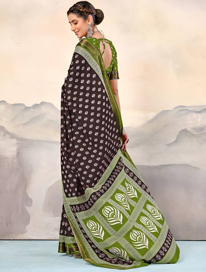 Brown ethnic motifs printed  cotton saree with blouse
