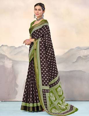 Brown ethnic motifs printed  cotton saree with blouse 4
