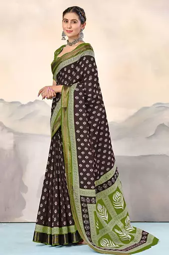 Brown ethnic motifs printed  cotton saree with blouse