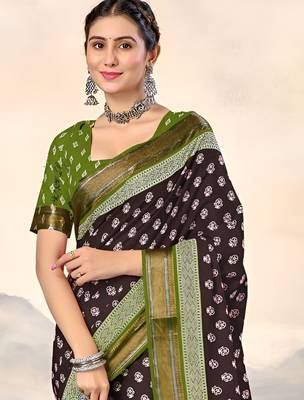 Brown ethnic motifs printed  cotton saree with blouse 5