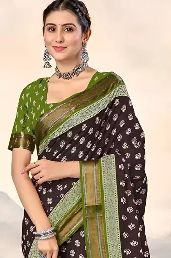 Brown ethnic motifs printed  cotton saree with blouse
