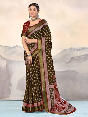 Brown ethnic motifs woven design  cotton saree with unstitched blouse 1