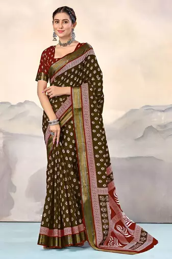 Brown ethnic motifs woven design  cotton saree with unstitched blouse