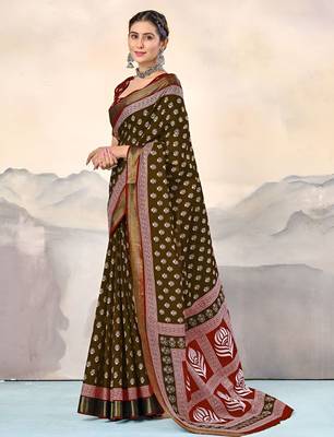Brown ethnic motifs woven design  cotton saree with unstitched blouse 2