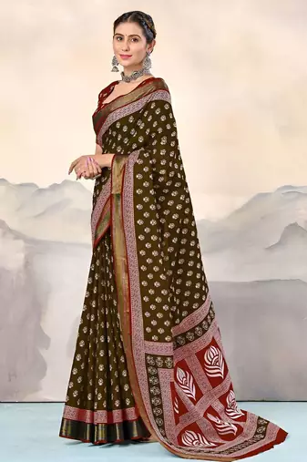 Brown ethnic motifs woven design  cotton saree with unstitched blouse