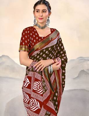 Brown ethnic motifs woven design  cotton saree with unstitched blouse 3