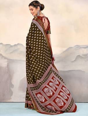 Brown ethnic motifs woven design  cotton saree with unstitched blouse 4
