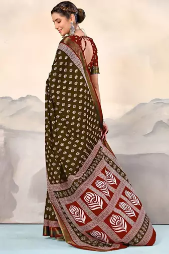 Brown ethnic motifs woven design  cotton saree with unstitched blouse