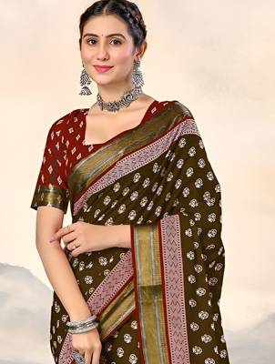 Brown ethnic motifs woven design  cotton saree with unstitched blouse 5