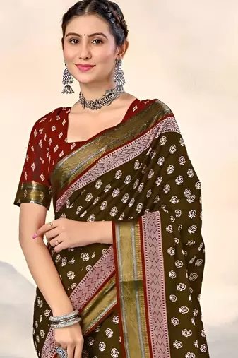 Brown ethnic motifs woven design  cotton saree with unstitched blouse