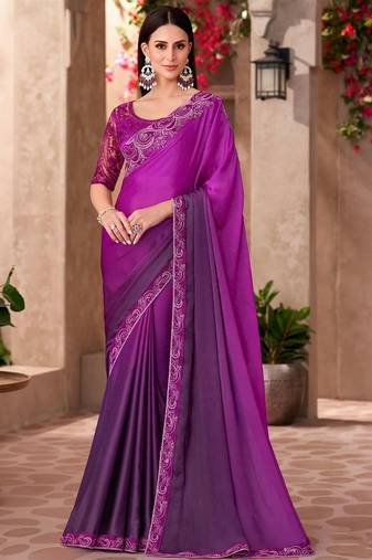 Magenta sequinned saree with unstitched blouse