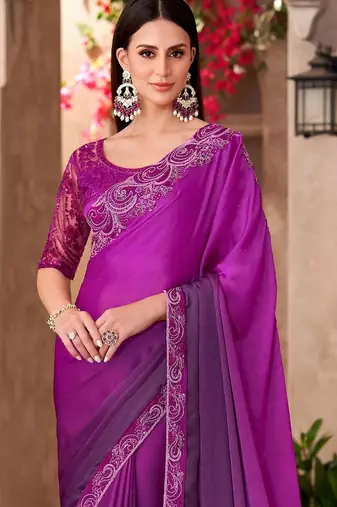 Magenta sequinned saree with unstitched blouse