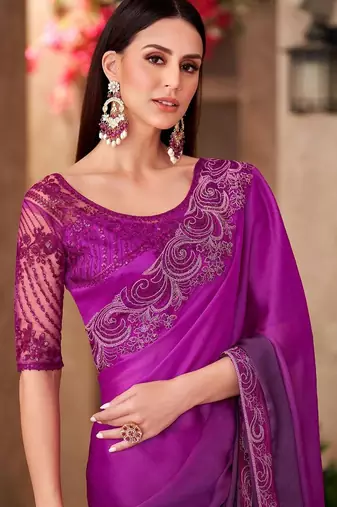 Magenta sequinned saree with unstitched blouse