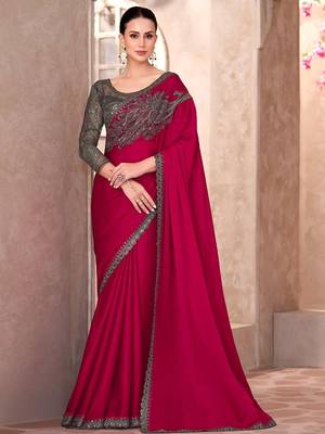 Pink ethnic motifs emroidered sequinned  chiffon saree 1
