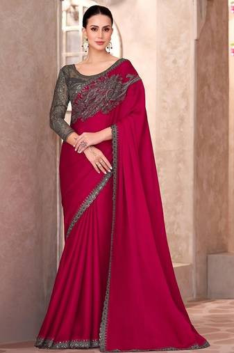 Pink ethnic motifs emroidered sequinned  chiffon saree