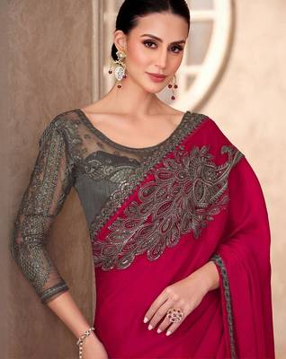Pink ethnic motifs emroidered sequinned  chiffon saree 2