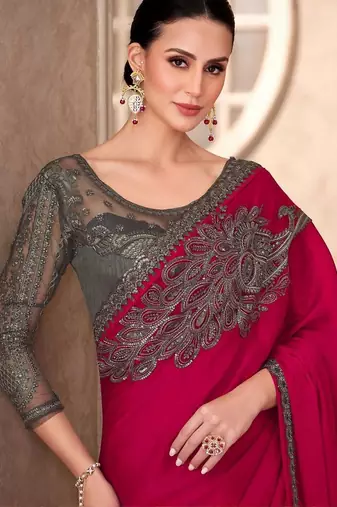 Pink ethnic motifs emroidered sequinned  chiffon saree