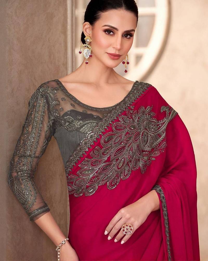 Pink ethnic motifs emroidered sequinned  chiffon saree