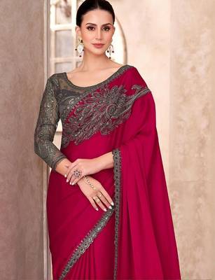 Pink ethnic motifs emroidered sequinned  chiffon saree 3