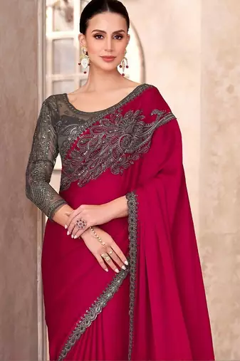 Pink ethnic motifs emroidered sequinned  chiffon saree