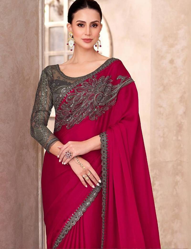 Pink ethnic motifs emroidered sequinned  chiffon saree