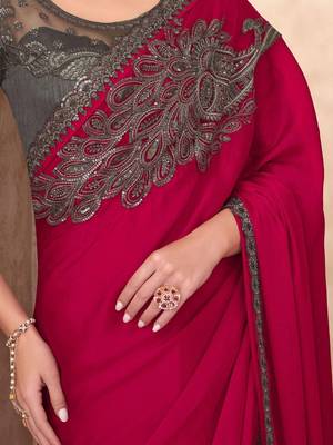 Pink ethnic motifs emroidered sequinned  chiffon saree 4