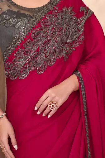 Pink ethnic motifs emroidered sequinned  chiffon saree